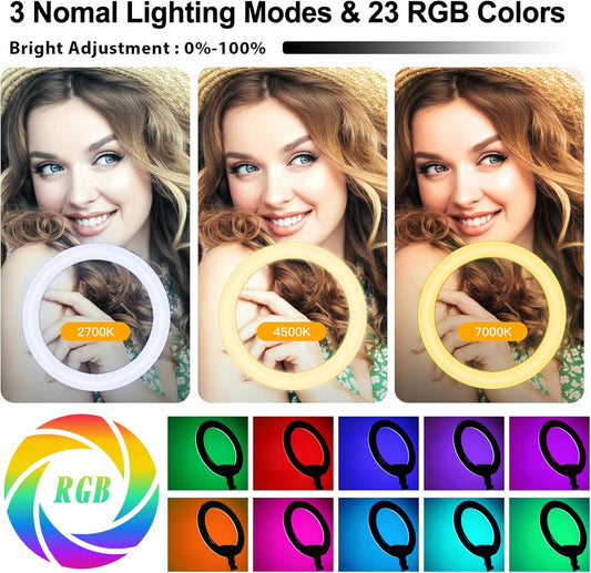 RGB Ring Light 18 inch with Tripod Stand (2700-7000K) for Phone Camera iPad Selfie Live Stream YouTube TikTok Video Shooting Best Lighting Atmosphere Ringlight (18 inch)