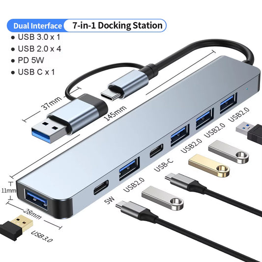 USB C Hub USB Hub 3.0, VIENON Aluminum 7 in 1 USB Extender, USB Splitter with 1 X USB 3.0, 4 X USB 2.0 and 2 X USB C Ports