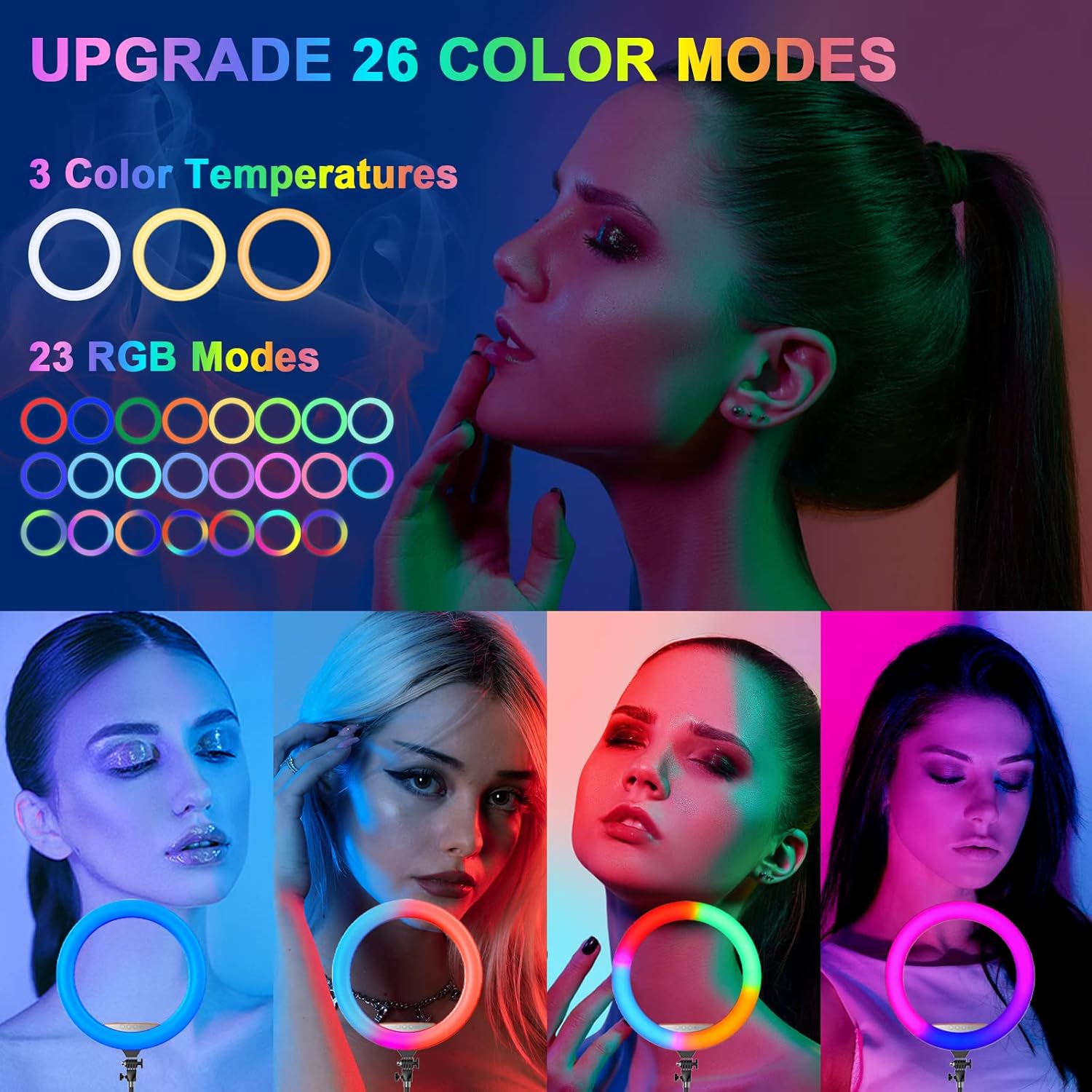 RGB Ring Light 18 inch with Tripod Stand (2700-7000K) for Phone Camera iPad Selfie Live Stream YouTube TikTok Video Shooting Best Lighting Atmosphere Ringlight (18 inch)
