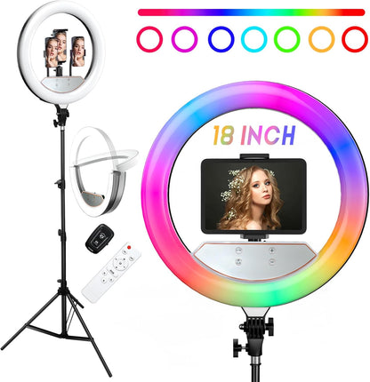 RGB Ring Light 18 inch with Tripod Stand (2700-7000K) for Phone Camera iPad Selfie Live Stream YouTube TikTok Video Shooting Best Lighting Atmosphere Ringlight (18 inch)