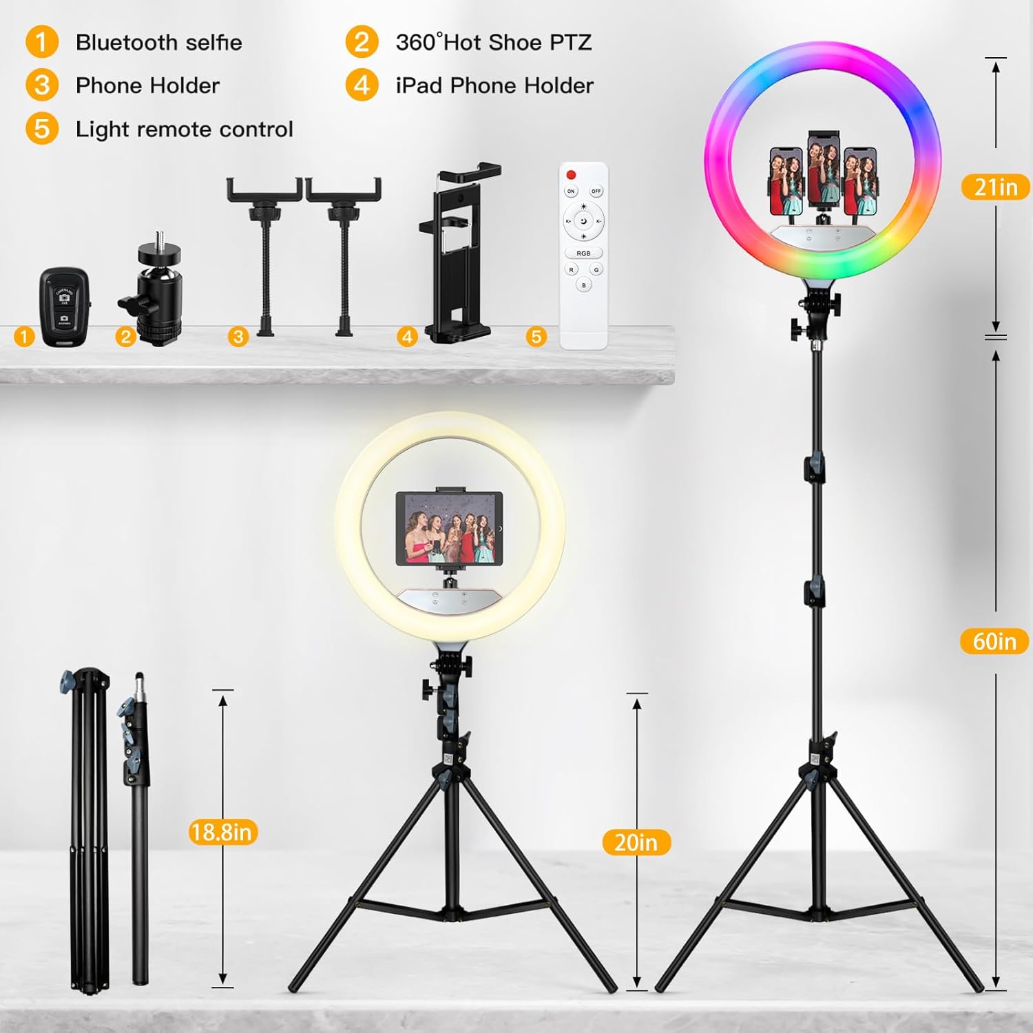 RGB Ring Light 18 inch with Tripod Stand (2700-7000K) for Phone Camera iPad Selfie Live Stream YouTube TikTok Video Shooting Best Lighting Atmosphere Ringlight (18 inch)