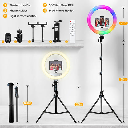 RGB Ring Light 18 inch with Tripod Stand (2700-7000K) for Phone Camera iPad Selfie Live Stream YouTube TikTok Video Shooting Best Lighting Atmosphere Ringlight (18 inch)