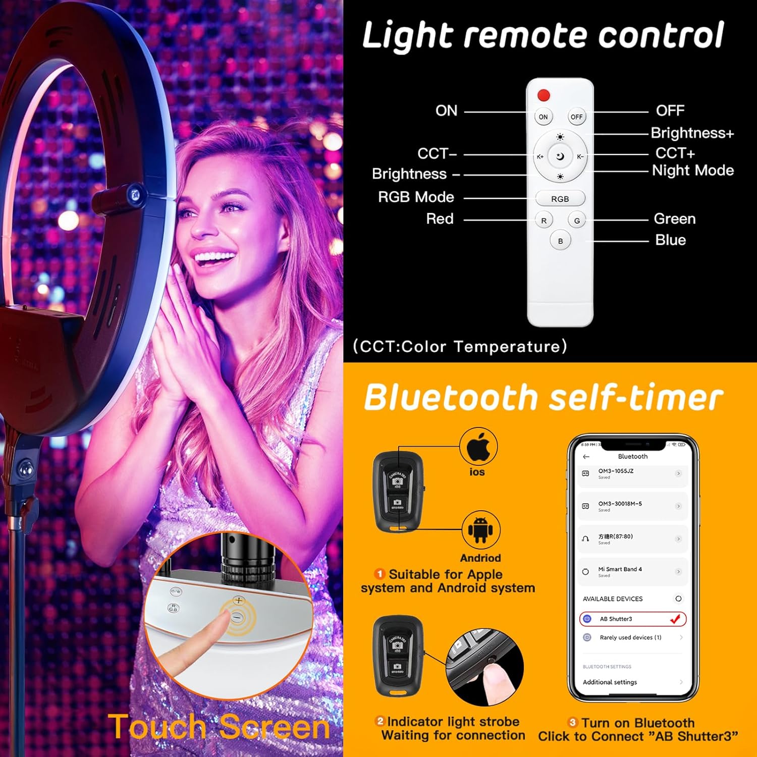 RGB Ring Light 18 inch with Tripod Stand (2700-7000K) for Phone Camera iPad Selfie Live Stream YouTube TikTok Video Shooting Best Lighting Atmosphere Ringlight (18 inch)