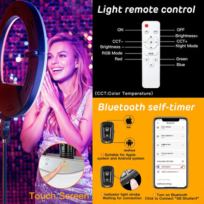 RGB Ring Light 18 inch with Tripod Stand (2700-7000K) for Phone Camera iPad Selfie Live Stream YouTube TikTok Video Shooting Best Lighting Atmosphere Ringlight (18 inch)